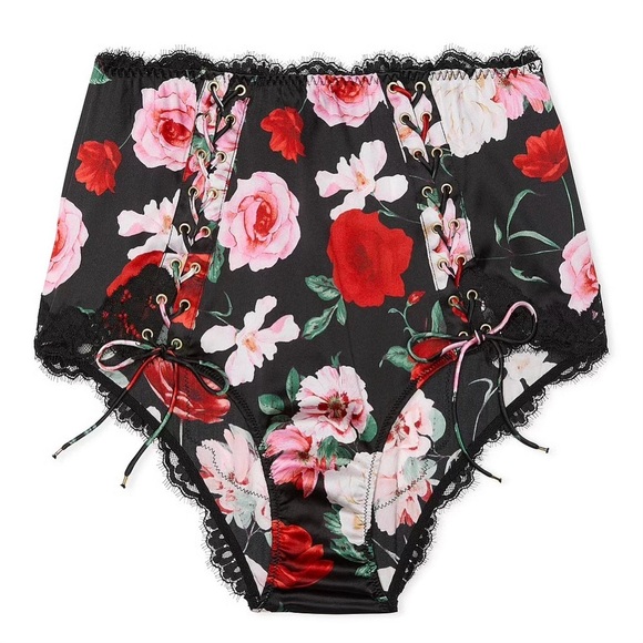 ATELEIR x Victoria's Secret Small Black Roses Satin Lace Trim High Waist Panty
